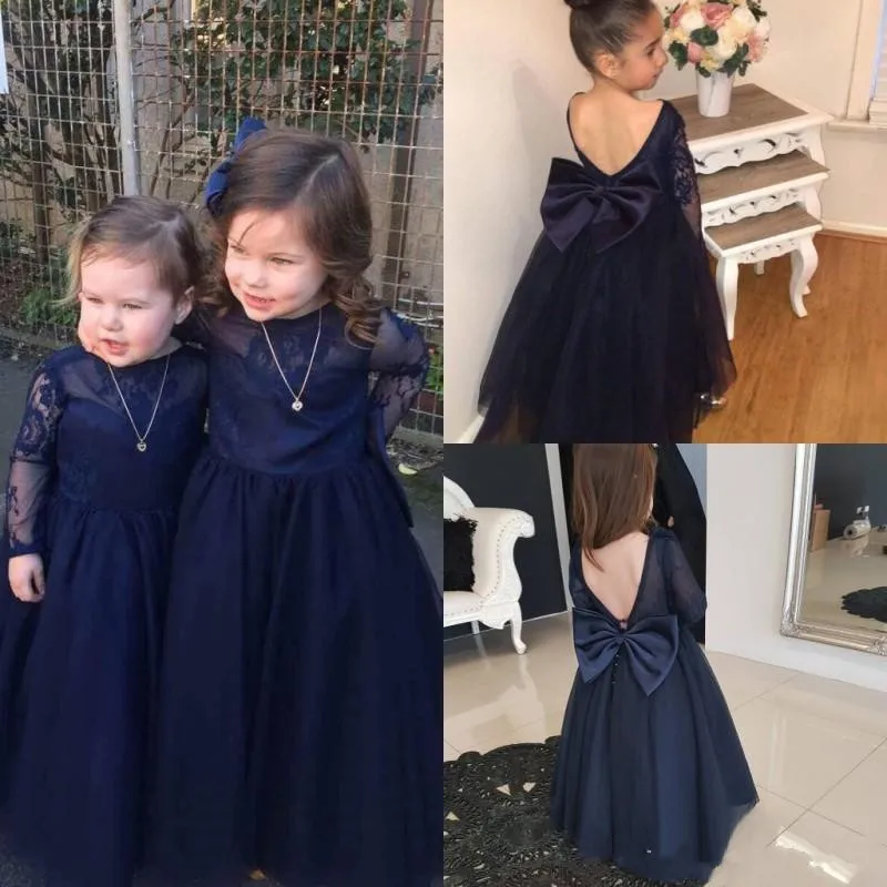 

New Cheap Tulle Flower Girl Dress with Big Bow Buttons Elegant Princess Dress Custom Made Little Girls Birthday Party Gowns