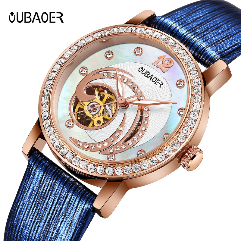 OUBAOER Blue Skeleton Automatic Watches Women Fashion Bracelet Watch