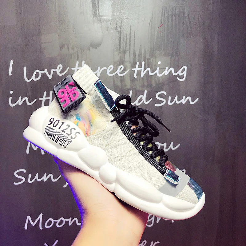 

2019 Trend Women Chunky Sneakers Knit Upper Thick Soled Increased Women's Sneaker Summer Breathable Woman Shoes Lady Footwear