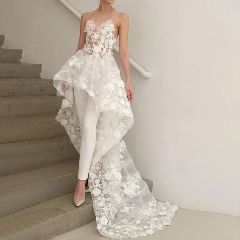 Свадебный комбинезон из двух частей с вырезом-иллюзией и высоким-низким вырезом, с кружевной аппликацией, свадебные платья, сделанные на заказ
