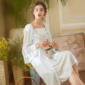 

2020 New Autumn Winter Women's Embroidered Lace Night Dress Two Pieces Long Sleeved Bathrobe White Long Nightgown Sexy Sleepwear