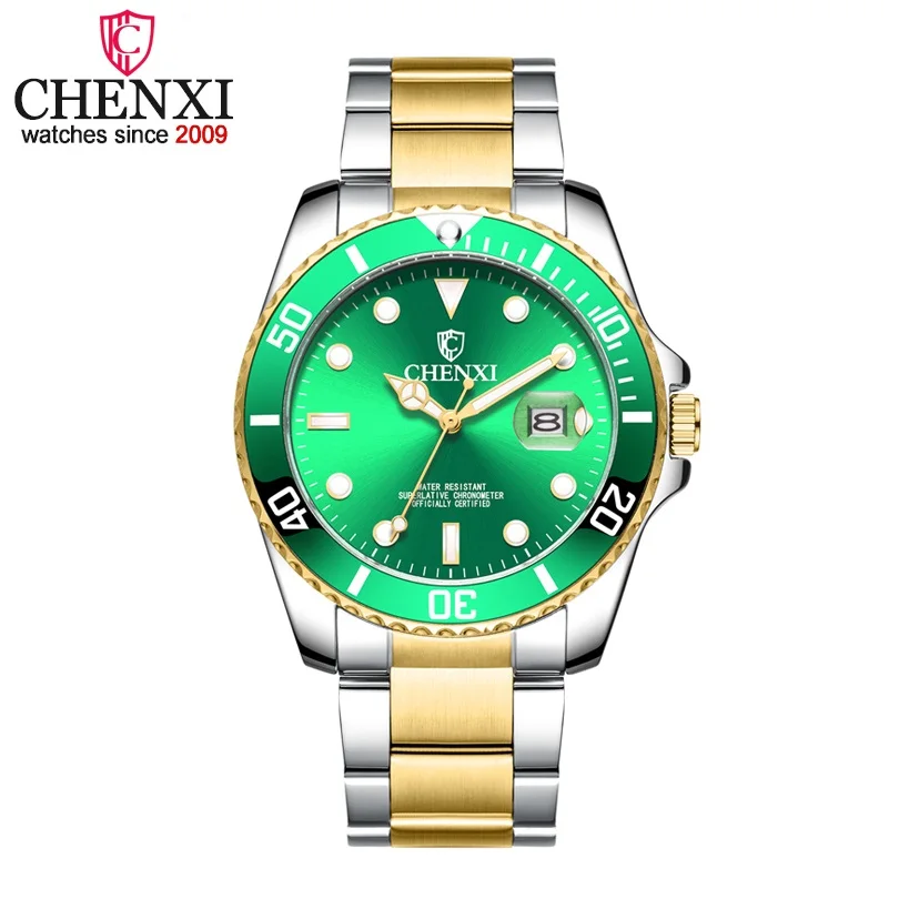 CHENXI New Top Brand Men Watches Men's Full Steel Waterproof Casual Quartz Date Clock Male Wrist watch Relogio Masculino - Цвет: Silver Gold Green