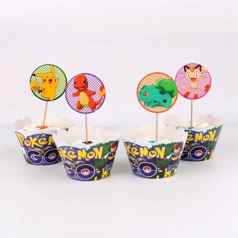 

24pcs/lot Pokemon Pikachu Theme Paper Cupcake Wrappers Toppers For Kids Party Birthday Decoration Cake Cups(12 wraps+12 topper)