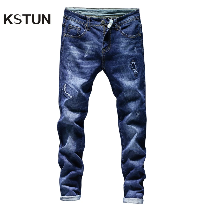KSTUN байкерские джинсы для мужчин тонкий уличная рваные брюки джинсовая одежда потертые Лоскутные стрейч синие длинные брюки для отдыха