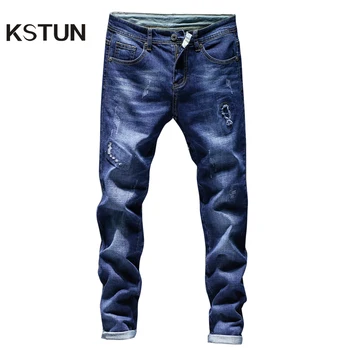 

KSTUN Biker Jeans for Men Slim Streetwear Ripped Pants Denim Clothes Distressed Patchwork Stretch Blue Leisure Long Trousers