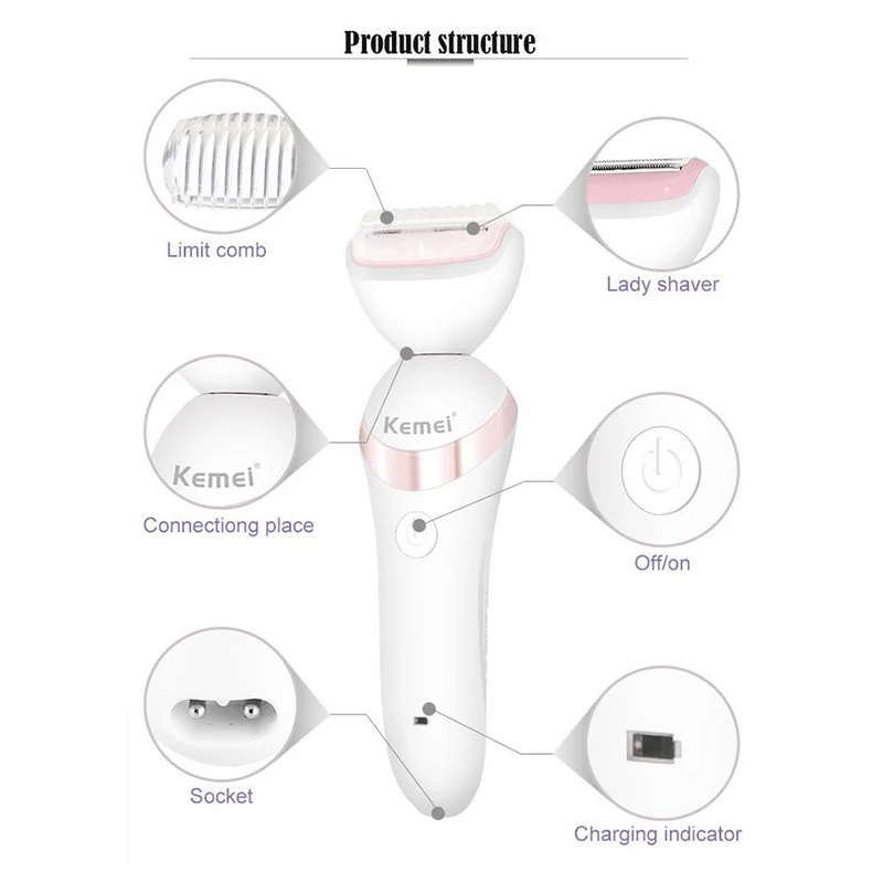 Kemei, Женская электробритва, перезаряжаемая, для леди, бритвенный станок, бикини, триммер, моющаяся бритва, электрическая бритва, щетка для лица, массажер