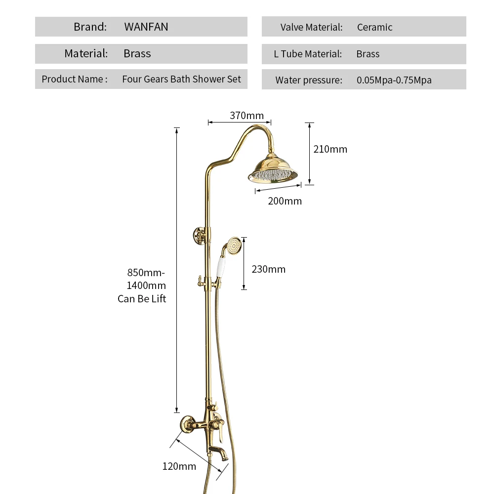 Bath Shower Sets Luxury Gold Brass Shower Faucet Set Single Handle Single Holder Dual Control Bathtub Mixer Hand Shower GY-8336