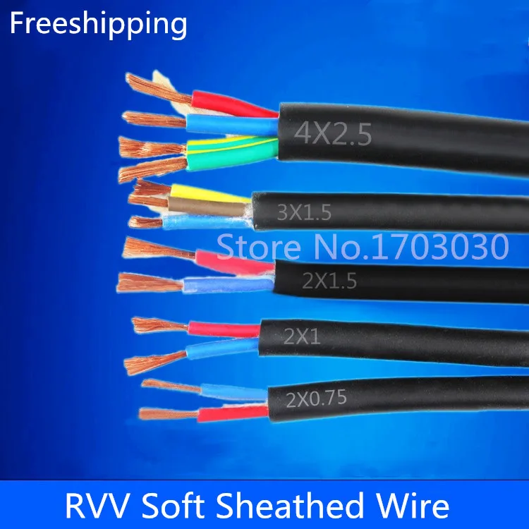 Condutor de Fio de Cobre 20 Awg 0.5mm ^ 2 Rvv 2 e 3 e 4 e 5 e 6 e 7 e 8 e 10 e 12 e 14 e 16 Núcleos Pinos Rvv Cabo Elétrico Preto 3 m 5 m