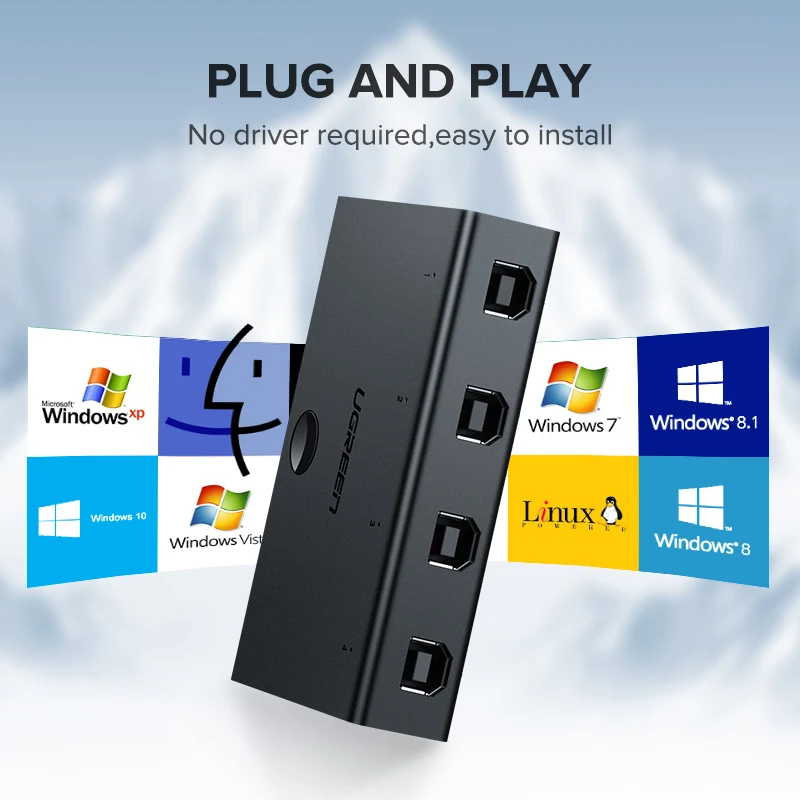 Цена Универсальный kvm переключатель для принтера Ugreen, 4 2 шт., 1 устройство, font b usb b font коммутатор с font b usb b font кабелем для Windows Mac OS, сканер для принтера, KVM