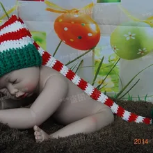 Ручной работы Детские Зеленый/Белый Красные в полоску шапка крючком Эльф шляпа наряд для фото новорожденных хлопок