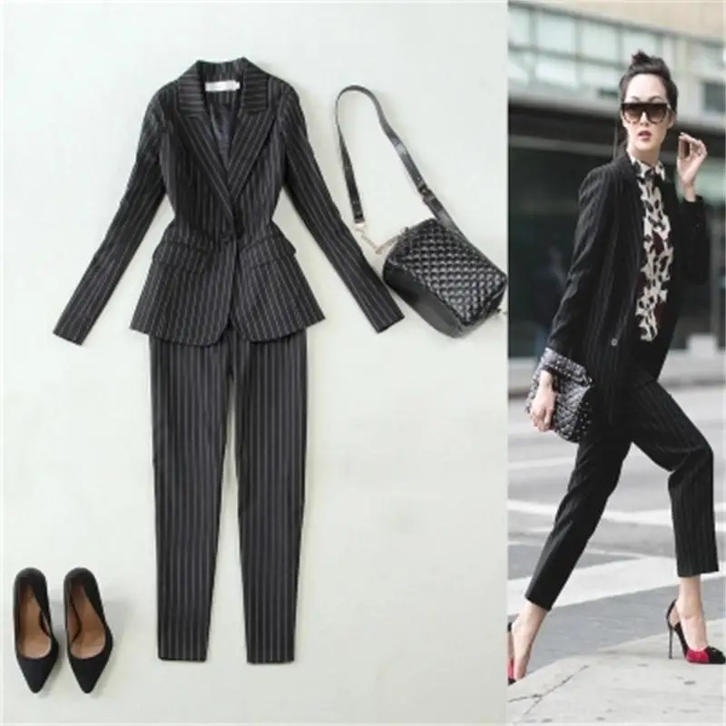 

Work Pant Suits 2 Piece Sets Striped Single Button Blazer Jacket & 9 points pants Office Lady Suit Women Outfits Autumn