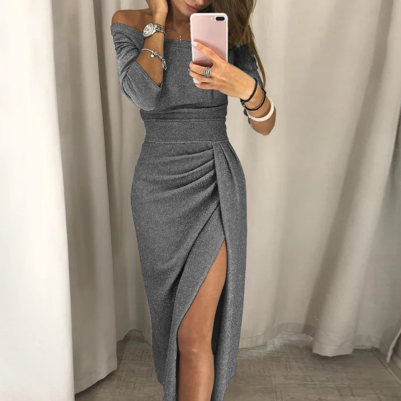 

Women's Off Shoulder Split Pleated Shinny Dress Black Twisted Elegant Slash Neck Lady Party Long Dresses Summer Clothes Female
