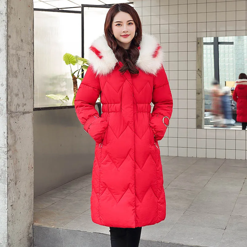 Winter parkas jackets new women's coats elegant fashion fur collar hooded thick long jacket winter snow coat parkas jackets - Цвет: red