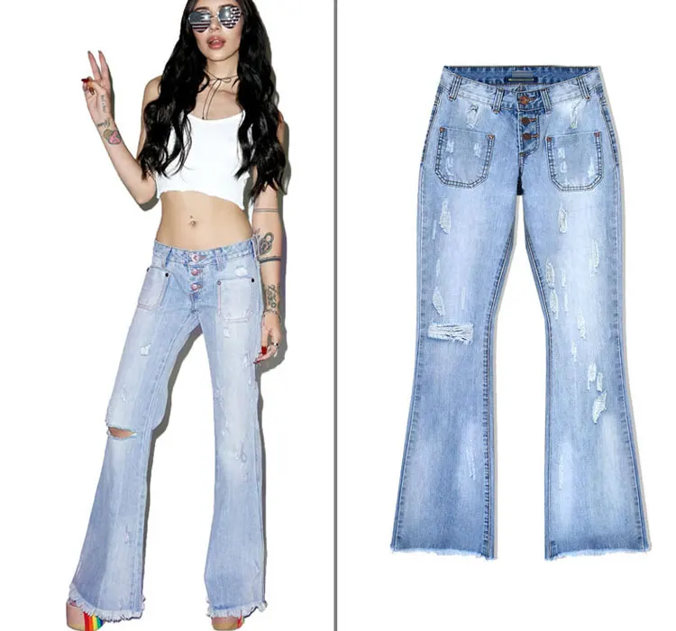 2019 Весна с Высокая Талия расклешенные женские джинсы клеш Рваные джинсы для женские брюки с широкими штанинами деним жира мама женские