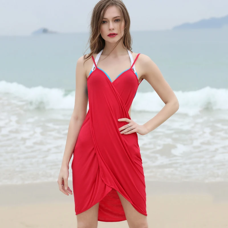Simple Girl Red V neck Sexy Backless Women Summer Beach Dress Women ...