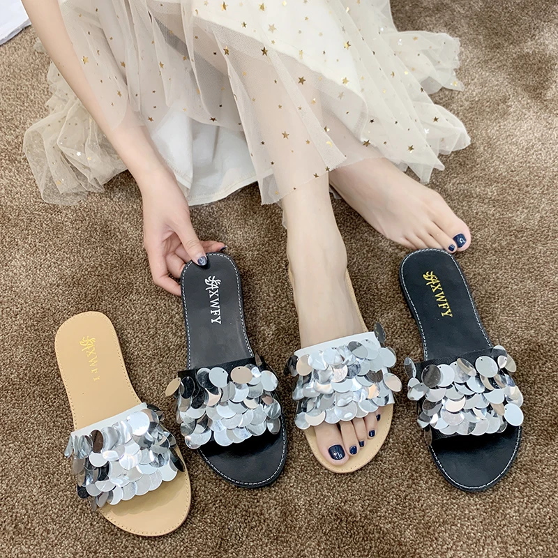 

2019 Loafer Slides Korea Summer New Good Personality Sequins Bingbing Open Toe Word Lazy Slippers Women Flip Flops Female Shoes