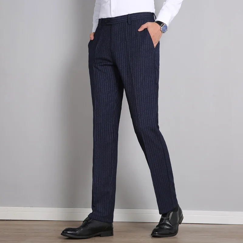 Зимняя полосатая офисная одежда, мужские классические деловые мужские формальные брюки, теплый мужской повседневный костюм, облегающие брюки, Pantalon De Costume Homme