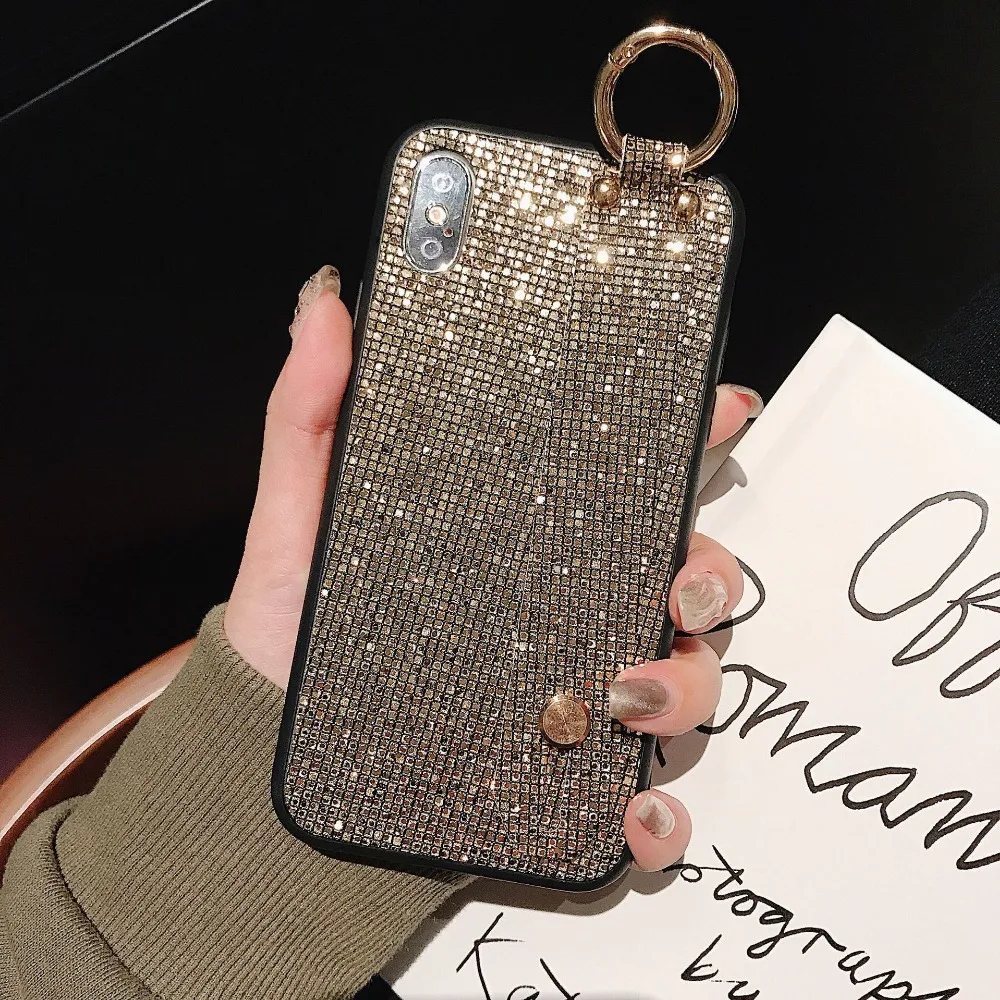 Case For iPhone Xr X Xs Max Cover Korean Shiny Glitter Sequins Girly Wristband Stand Phone Cases (7)