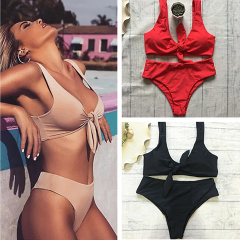 Caliente Biquinis 2018 pecho anudado traje de baño Bikini sólido conjunto de traje de baño de cintura alta Push Up traje de baño para mujer traje de baño Caliente Biquinis 2018 pecho anudado traje de baño Bikini sólido conjunto de traje de baño de cintura alta Push Up traje de baño para mujer traje de baño