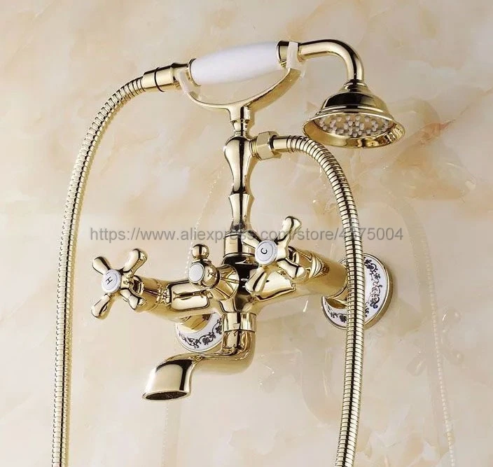 Luxury Gold Color Brass Bathtub Faucets Hand Rain Shower Head Tap Luxury Ceramic Telephone Wall Bath Faucet Ntf140