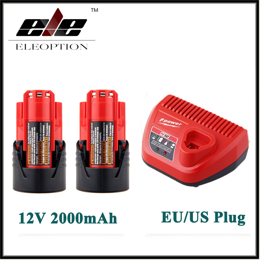 

2x Eleoption 12V 2000mAh Li-ion Rechargeable Power Tool Battery For Milwaukee M12 48-11-2401 2510-20 48-59-1812+ Charger
