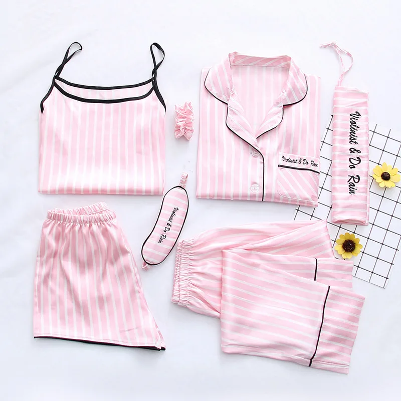 

2019 Women 7 Pieces Pajamas Sets Stain Faux Silk Sexy Pijama Set Sleepwear Sets Tops+Shorts+Shirt+Pants Pyjamas Women Home Suit