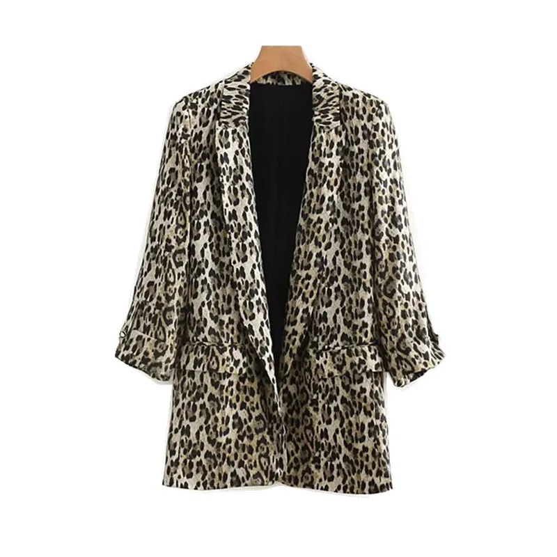 Vintage Notched Collar Leopard Print Blazer 2018 Woman Roll Up Cuff Pockets Loose Mid Long Suit Casual Jacket Coat