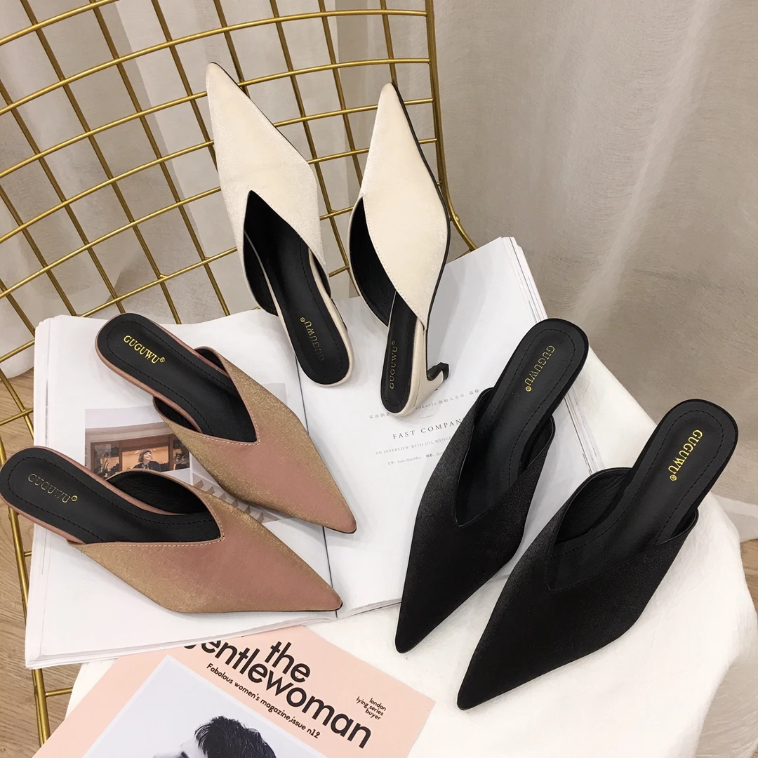 

Women Shoes Low Heels Mules Shallow Pointed Toe Slippers Fashion Slides Sandals High Quality Zapatos Mujer Black Pink Apricot