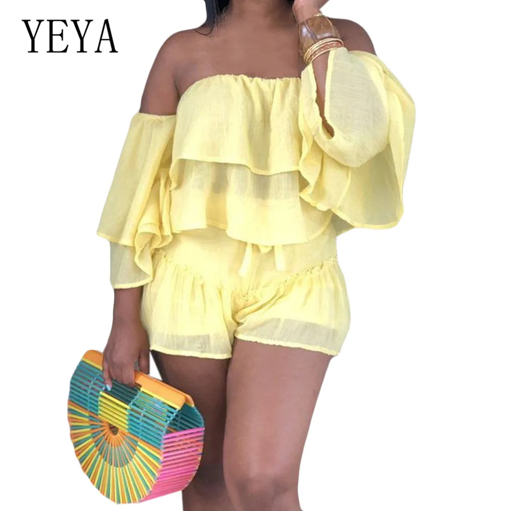 

YEYA Sexy Off Shoulder Strapless Ruffle Chiffon Bodysuits Summer Casual Vintage Playsuits Female High Street Club Party Wear