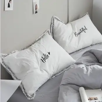 

1 Pair Embroidery Pillowcase Bedding 100% Cotton Pillow Cover White Pink Hello Beautiful Letters For Couple Bedroom