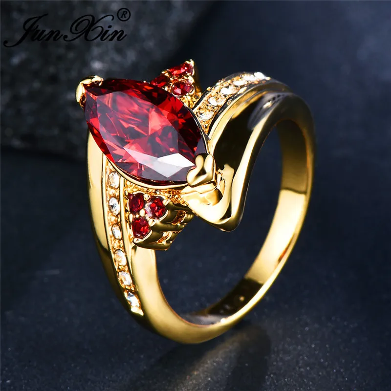 ROXI маркиза резки тесаного камня лошадиный глаз циркон большой красный камень кольца для Для женщин желтого золота с камнем, соответствующий месяцу рождения июлю Роскошные обручальные кольца подарок