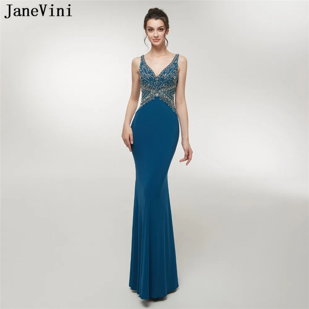 

JaneVini 2018 Luxurious Beaded Crystal Satin Bridesmaid Dresses Floor Length V Neck Backless Mermaid Sexy Long Prom Party Gowns