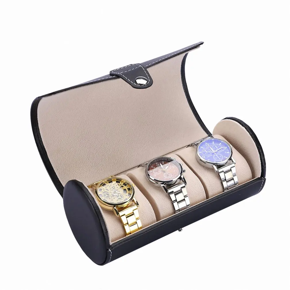 

Cylinder Shape Compact Size Fashionable Watch Box Soft PU Leather Watch Storage Box Watch Display Slot Case Box Case