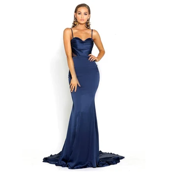 

Patchwork Mesh Hollow Out Dress Satin Royal Blue Black Backless Maxi Dress Floor Length Evening Party Dress