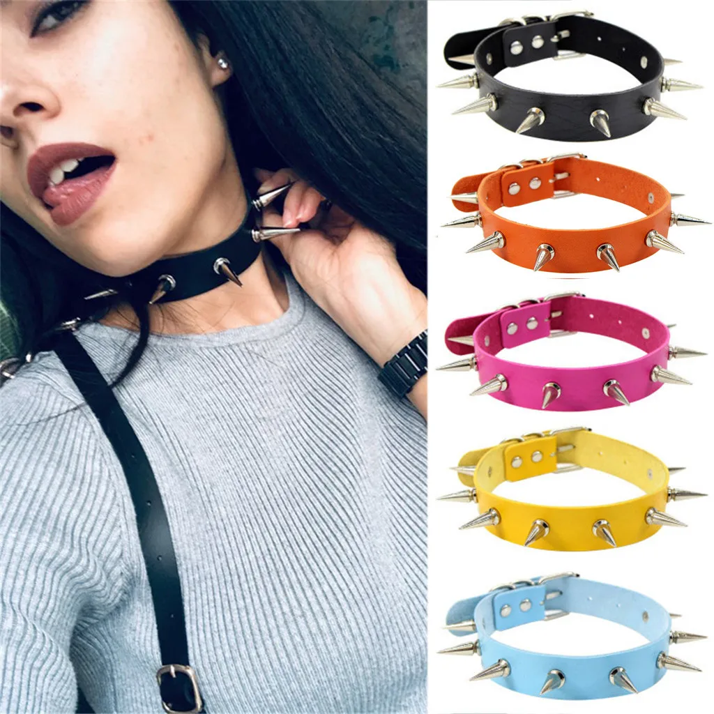 

Wholesale Handmade Punk Fashion Rock Punk Gothic Vintage Necklace Leather Collar Gothic Spike Collar Necklace @3