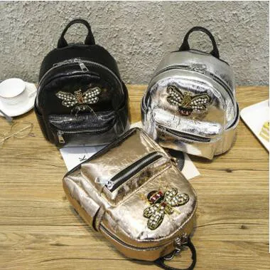 Hot Luxury Diamond Cartoon Bee Cute Backpack Small Pu Leather Backpack Women Rucksack Holographic School Bags