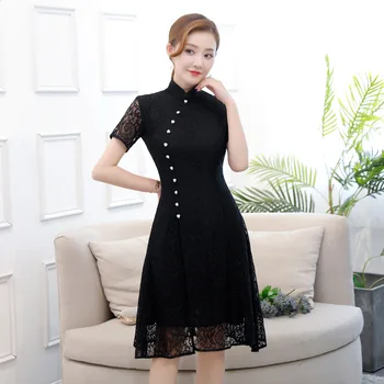 

Chinese Lady Lace Knee Length Cheongsam Big Size S-3XL Summer Short Sleeve Qipao Vestidos Elegant Slim Evening Party Dress