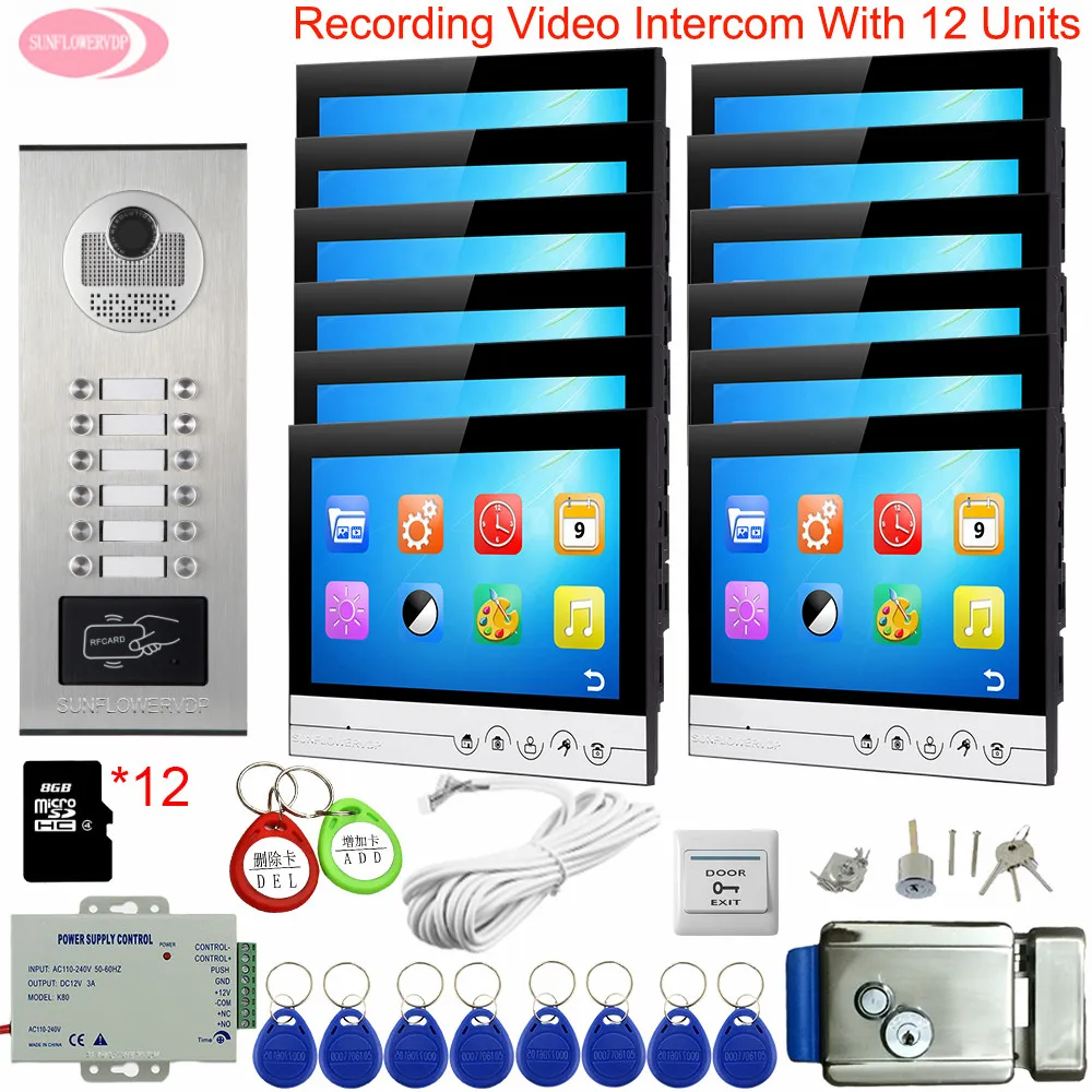 9\ Video Intercom With Recording Video Phone For 6-12 Apartment Intercoms For Private Houses With Lock +8GB TF Card intercom kit