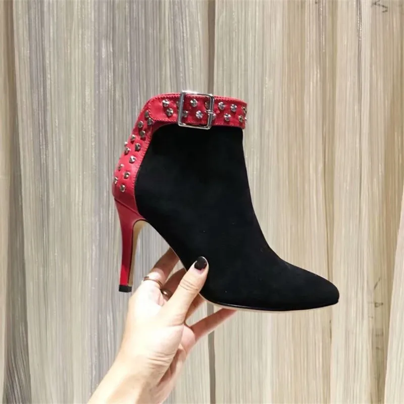 Cortos Dedo Botas Pie Botines Genuino Sexy Señaló Del De suede Invierno Cuero Leather Tacón red Tobillo Gamuza Hebilla Tachonado Remache Otoño qwFngBx5T