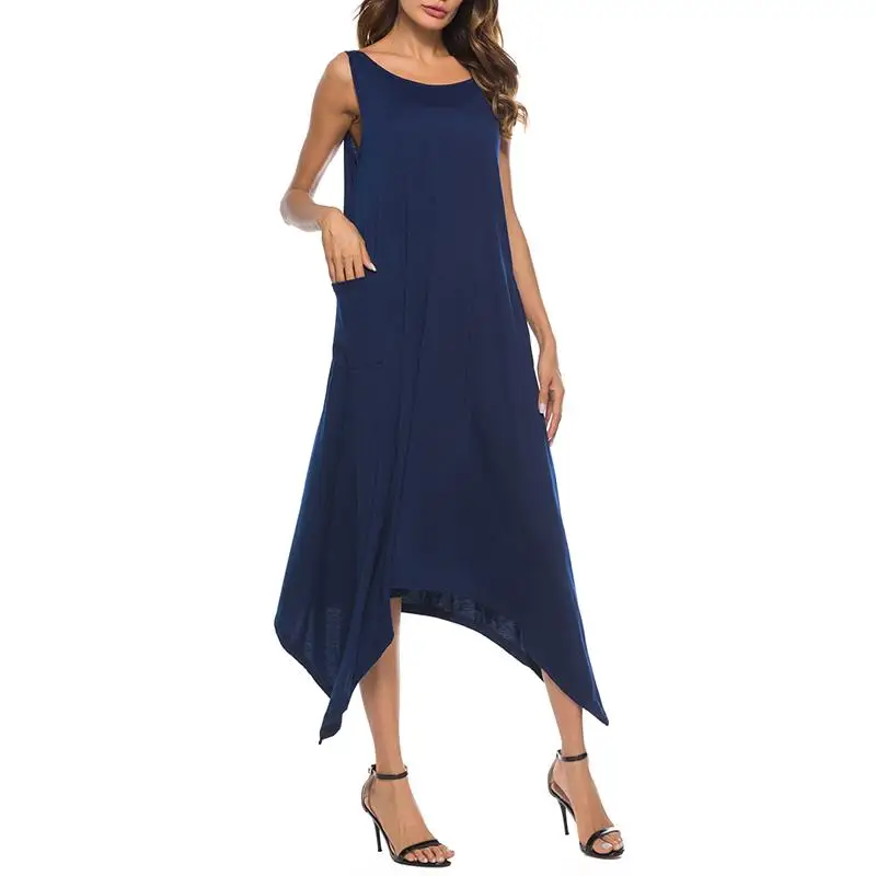 Summer Loose Women Dresses O Neck Casual Sleeveless With Pocket Dress