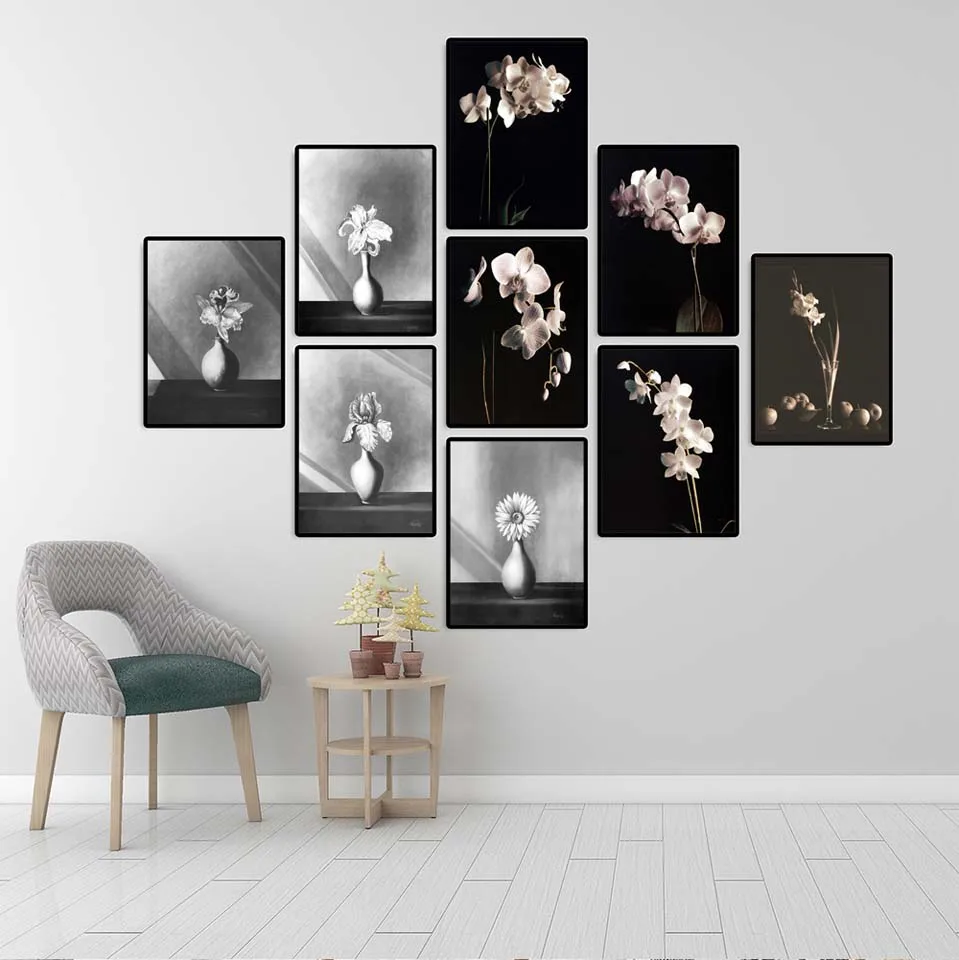Home-Decoration-Wall-Art-Poster-Nordic-Print-Canvas-Paintings-Picture-Black-background-white-and-gold-flowers (3)