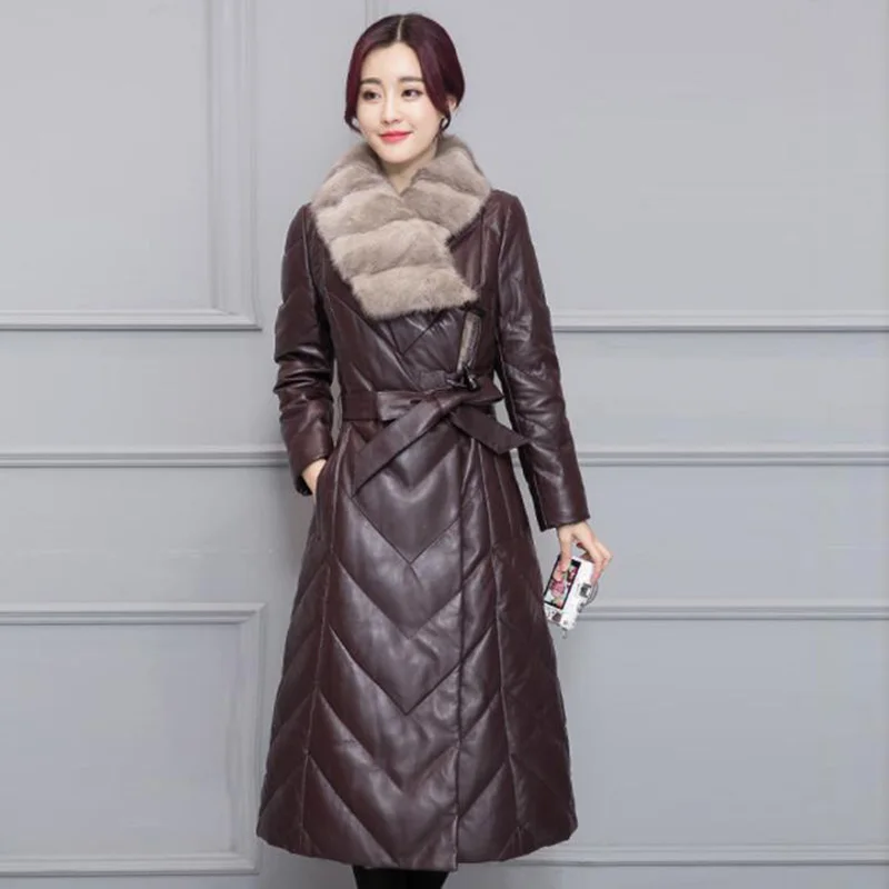 2018 Women Winter Leather Down Jacket New Big Fur Collar Faux Leather Slim Long Duck Down Coat Elegant Women Overcoat Plus Szie