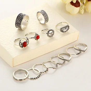 

140 pieces/set Carved Flower Rings Antique Silver Color Midi Finger Knuckle Rings Set White Beads Red Stone Sun Moon Jewelry
