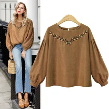 Весна и лето размера плюс женская тонкая вышитая рубашка с рукавами-фонариками футболка с длинными рукавами женские топы для отдыха