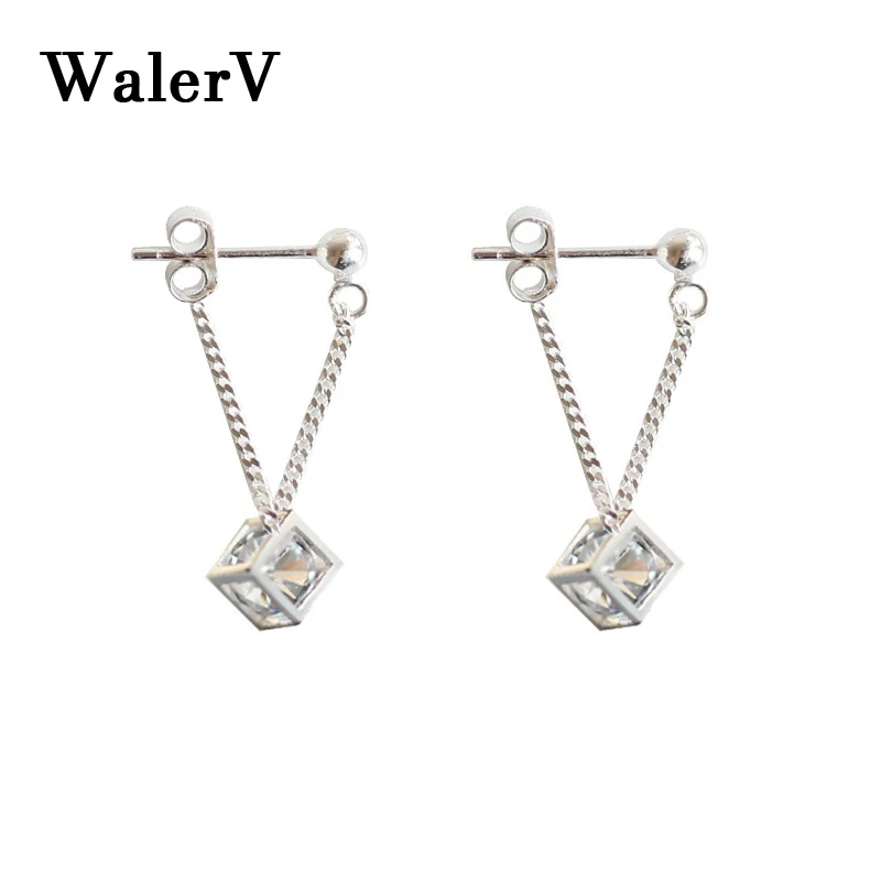 

WalerV Cute Silver Dangling Pendants Earrings Female Long Chain Square Zircon Crystal Stud Earring For Women Girl Party Jewelry
