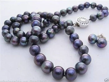 

Genuine 7-8mm Black akoya cultured pearl necklace 18'' +925 Silver Stud Earrings