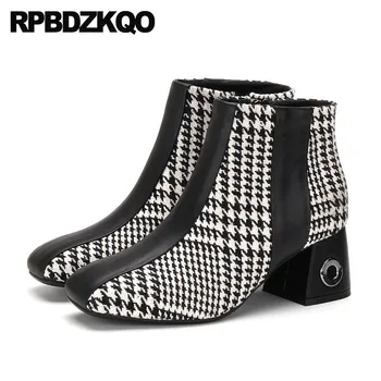 

Black And White Women Ankle Boots Medium Heel Autumn Booties British Short Winter Shoes Chunky Fur 2018 Block Plaid Square Toe