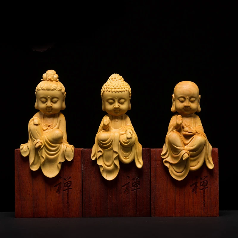 

Wooden Buddha statues Three Western Gods Boxwood Wood buda statue carving Solid wood Sakyamuni for home decor