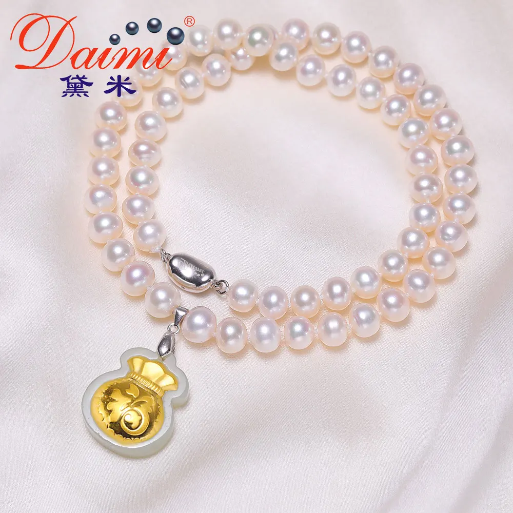 

AIMI 8-9mm Pure Gold Hetian Golden Inlaid Jade Necklace 925 Silver Necklace Best Gift for Mom