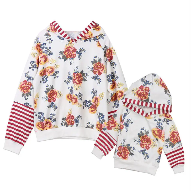 

Mother and Daughter Clothes Floral Family Match Hooded Hoodies Tops Long Sleeve Blouse Clothes